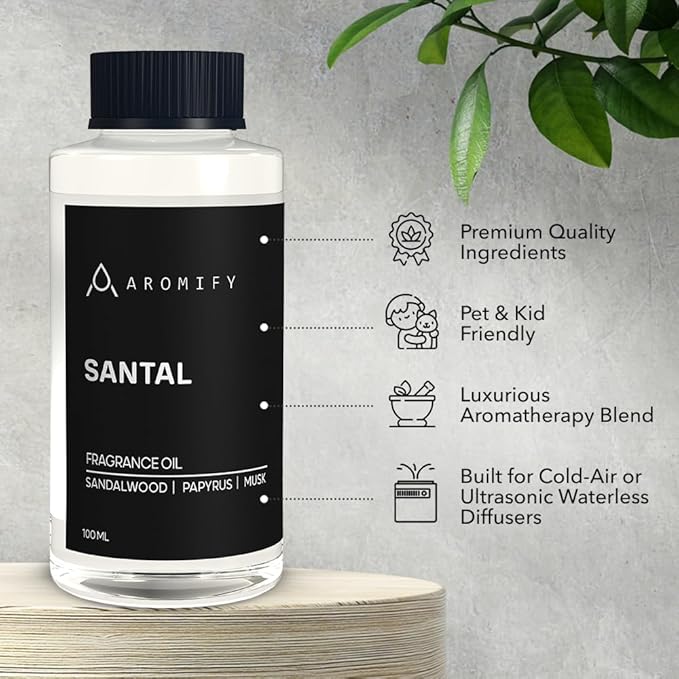 Santal Diffuser Oil, 3.3 Fl Oz, 100 mL, Diffuser Fragrance Oil for Home, Bathroom & Office, Aromatherapy Blend of Natural Essential Oil, Sandalwood & Musk Scent. - Bloomnest