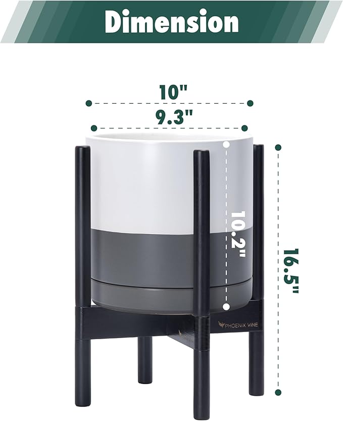 D'vine Dev Ceramic Planter with Ebony Stand - 10 Inch Modern Round Flower Pot with Wood Planter Holder, White/Grey, 55-B-L-6 - Bloomnest