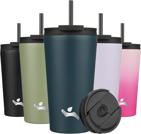 18 OZ Insulated Tumbler with Lid and 2 Straws Stainless Steel Water Bottle Vacuum Travel Mug Coffee Cup,Navy blue - Bloomnest