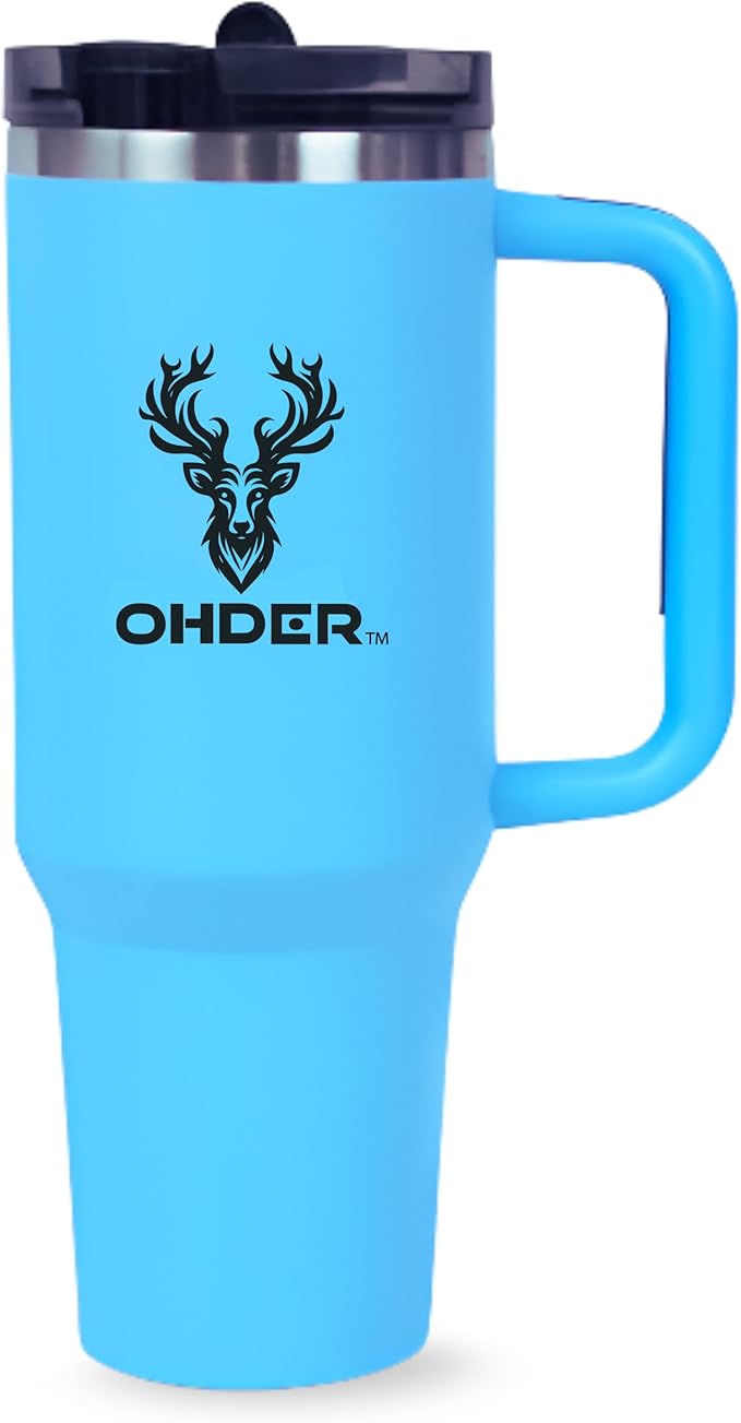 40 oz Tumbler with Handle and Straw | Vacuum Insulated Double Wall Stainless Steel Travel Mug | Leakproof, Hot and Cold | Cup Holder Friendly Base (Blue) - Bloomnest