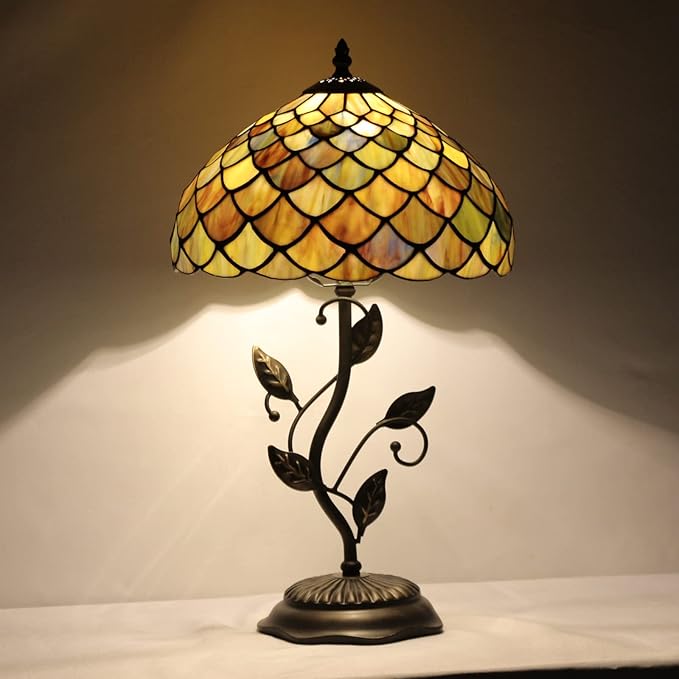 Tiffany Lamp Fish Scales Style Stained Glass Table Lamp Desk Bedside Reading Light 12X12X19 Inches with Metal Leaf Base Decor Bedroom Living Room - Bloomnest