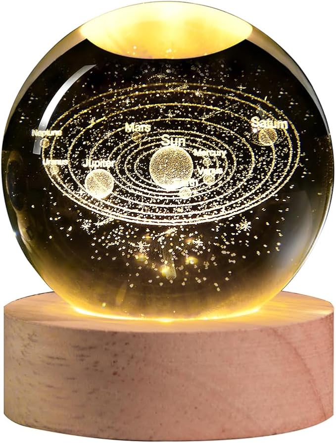 Solar System 3D Crystal Ball with LED Stand, 60mm Galaxy Model Decor Glass Sphere Lamp Night Light, Space Universe Astronomy Gifts for Women Men Mom Kids - Bloomnest