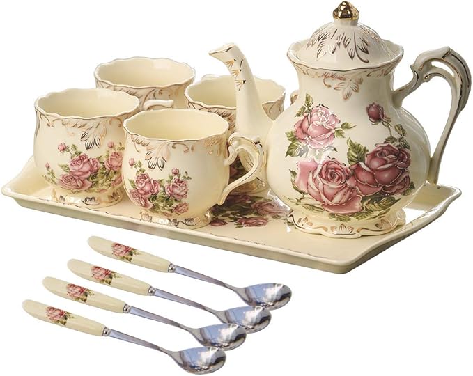 YOLIFE Porcelain Tea Set Vintage Rose, Tea Cups with Teapot, Serving Tray and Teaspoon Service for 4, Suitable for Tea Party Gifts - Bloomnest