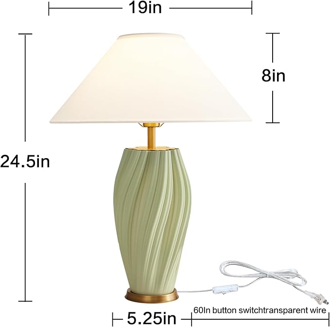 Modern Large Ceramic Table Lamps 24.5", Sage Green Plug in Table Lamp Decorative for Living Room Office Bedroom Bedside Nightstand (Textured) - Bloomnest
