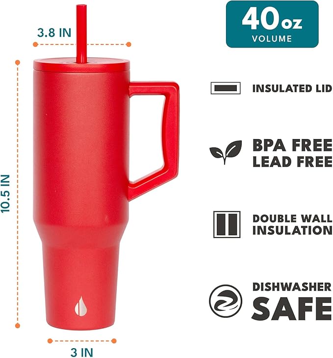 Elemental 40 oz Tumbler with Handle and Straw - Spill Proof Insulated Stainless Steel Commuter for Hot and Cold Beverages - Travel Coffee Mug with 2 Straws & Spill Proof Lid - 40oz - Red - Bloomnest