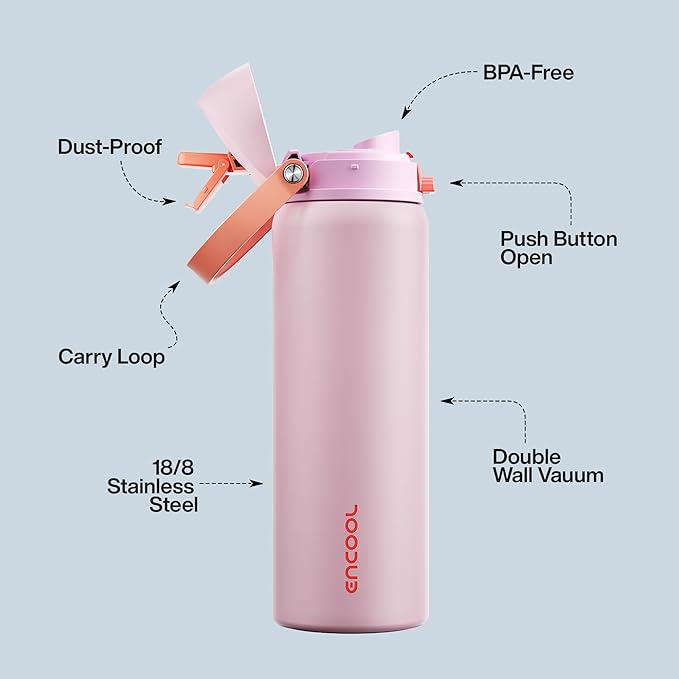 Insulated Water Bottle with Straw - Encool Stainless Steel Water Bottle with Push Button Lid, Leak-Proof & BPA-Free, Keeps Cold for 24 Hours for Sports, Travel, Gym (32 oz, Lily-Red) ENCOOL
