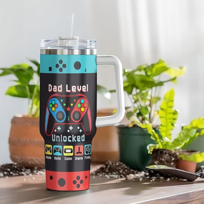 Personalized Gamer Dad Tumbler with Handle and Straw, Custom Controller Design with Kids’ Names, Funny Father’s Day Gift for Gaming Father or Retro Player - Bloomnest