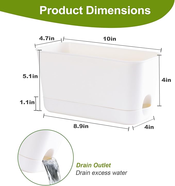 10 Inch Self Watering Planters for Indoor Plants: 4 Packs Rectangular Plant Pots with with Drainage and Tray, Window Pot Self Watering Planter for Herb, Houseplants - Bloomnest