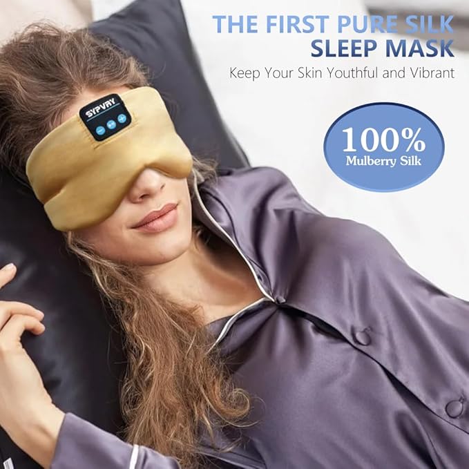 Sleep Mask Bluetooth 5.4 Headphones Soft Wireless Headband Eye Mask Blackout with Microphone (Gold) - Bloomnest