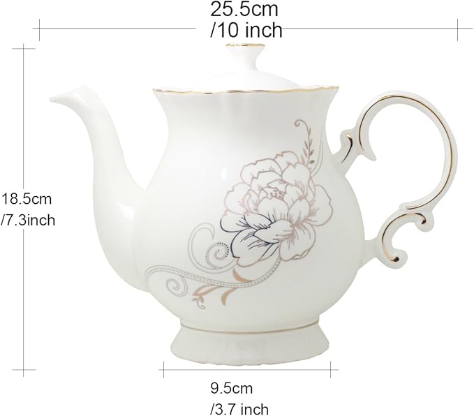 Jomop European Style Ceramic Flower Teapot Coffee Pot Water Pot Porcelain Gift Large 5.5 Cups (1, White)