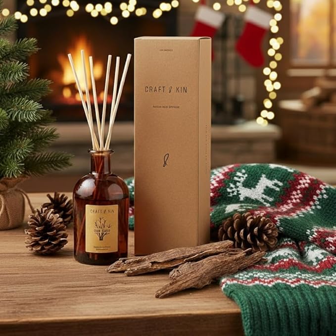Craft & Kin Oud Wood Diffuser Reed Diffuser | All Natural Essential Oil & 8 Rattan Scent Sticks | Reed Diffusers for Home, Bathroom | Long Lasting Home Fragrance in Amber Glass, 5.75oz CraftKin