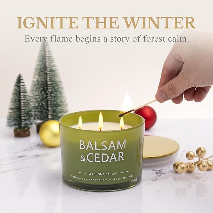 Balsam Cedar Candle, Large 3 Wick 12oz Soy Scented Candle, Luxury Christmas Birthday & Holiday Gift for Women & Men, Long Lasting 60+ Hour Clean Non-Toxic Burn, Elegant Winter Home Decor - Bloomnest