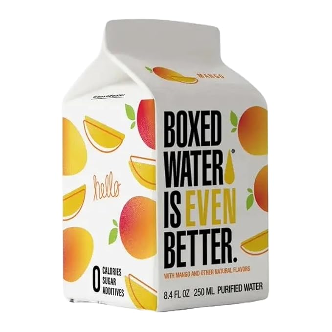 Mango Boxed Water 8.5 oz. (24 Pack) – Better Than Premium Plastic, BPA-Free, Refillable Cartons, Sustainable Alternative, Mini Carton for Kids, Lunchbox Ready - Bloomnest