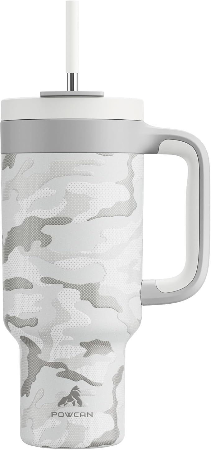 POWCAN 40 oz Camo Tumbler with Handle, 2-in-1 Straw and Sip Lid, Leakproof, Dishwasher Safe, Insulated Stainless Steel Travel Coffee Mug, Keeps Cold for 34 Hours, Car Cup Holder Fit (Clouded Aspen) - Bloomnest