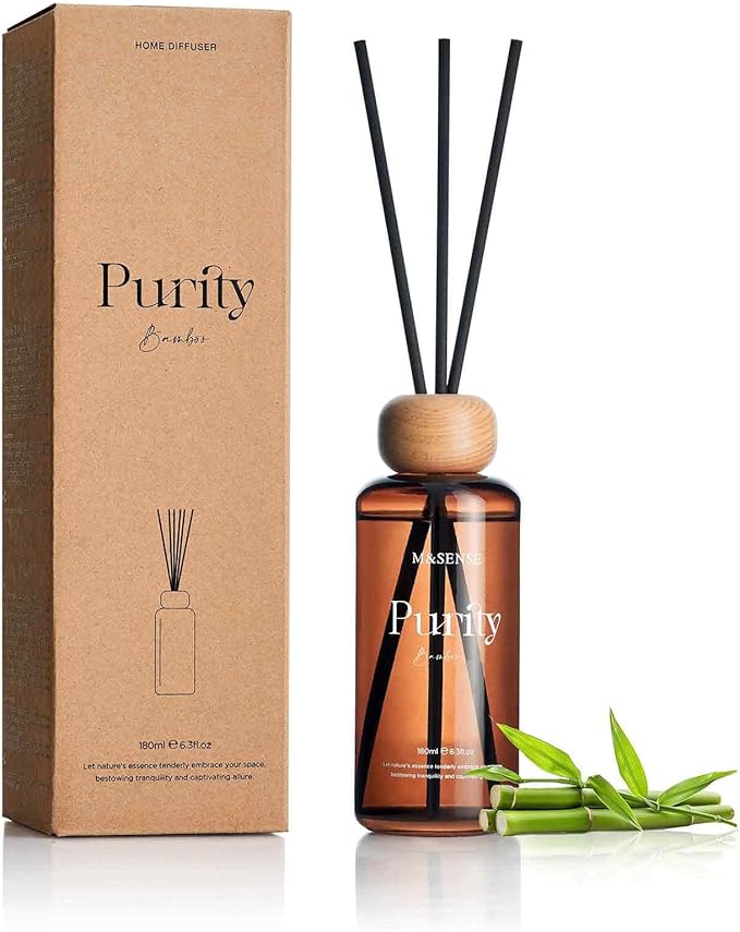 M&SENSE Reed Diffuser Set, Bamboo Scented 6.3 fl oz Natural Essential Oil Diffusers with Sticks, Non-Toxic Organic Air Freshener, Long-Lasting Fragrance Oils for Home Office Bathroom Bedroom MSENSE
