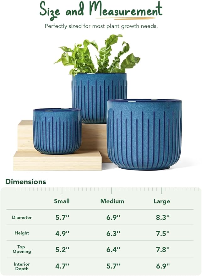 LE TAUCI Fluted Ceramic Planters Set of 3 – 8.3/7 / 5.7 in Ocean Blue Reactive Cylinder Indoor Plant Pots with Drainage Plug & Mesh, Glossy Stoneware Flower Pots for Succulents Herbs - Bloomnest