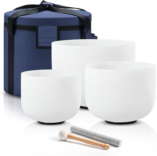 440HZ Sound Healing 8''-12'' Set of 3 Crystal Singing Bowls, Frosted Chakra Quartz Crystal Sound Bowl 8'' A Third-Eye, 10'' F Heart, 12'' C Root With Carry Bags and Mallet - Bloomnest