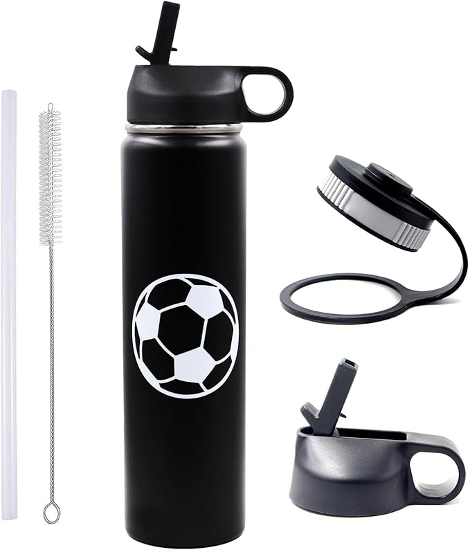 25 oz Soccer Water Bottle with Straw, Sports Flask Metal Travel Tumbler with 2 Lids, BPA Free Stainless Steel Double Wall Vacuum Insulated Leak Proof Thermo Water Bottles, Soccer Gifts for Boys Girls - Bloomnest