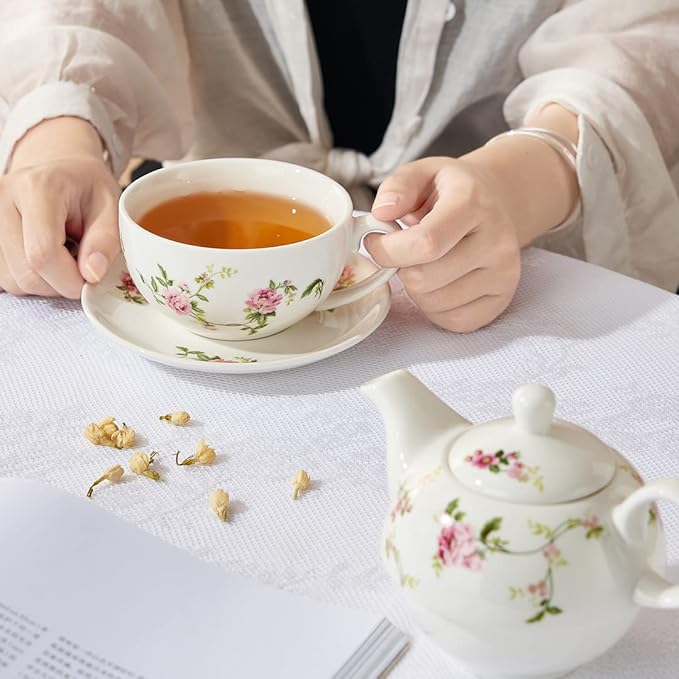 Porcelain Tea for One Set, Floral Ceramic Tea for One Teapot and Cup Set, 12oz Rattan Flowers Tea Set Gift for women - Bloomnest