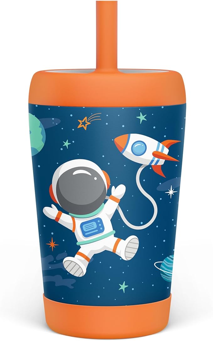 Kid Insulated Stainless Steel Tumbler with Silicone Straw, 12oz Sippy Cup for Kids (Astronaut) - Bloomnest