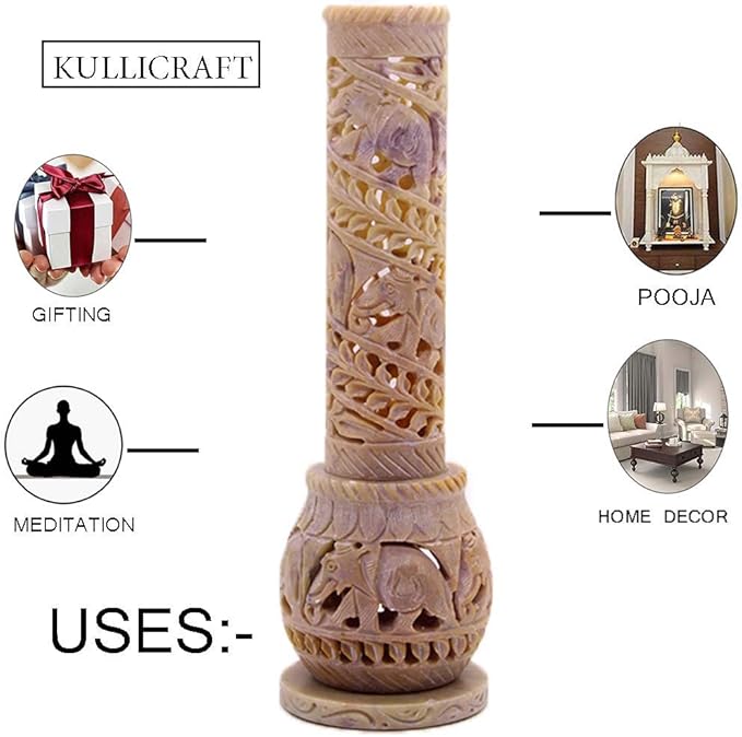 Carry Me Hand Carved Soapstone Incense Stick Holder | Candle Burner | Tea Light Stand. Elephant Jaali Carving Bottle Shape. Decorative Home and Kitchen Decor - (3x3x10.5 Inches) - Bloomnest