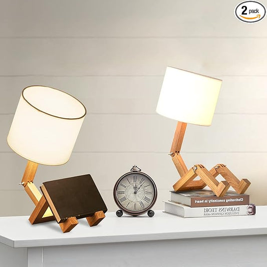 ELINKUME Robot Desk Lamp Set of 2, Creative Bedside Lamp for Bedroom,Wooden Lamp Body Adjustable,DIY E26 Living Room Table Lamps with Fabric Shade,Modern Indoor Decorative Lighting, TB-QBT005-WHM2 - Bloomnest