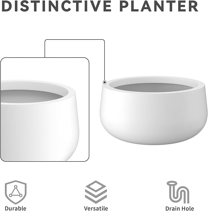 Kante 11.8" Dia Round Concrete Planter, Cement Plant Pots with Drainage Hole and Rubber Plug for Outdoor Indoor Garden Home, Modern Curvaceous Design, Pure White - Bloomnest