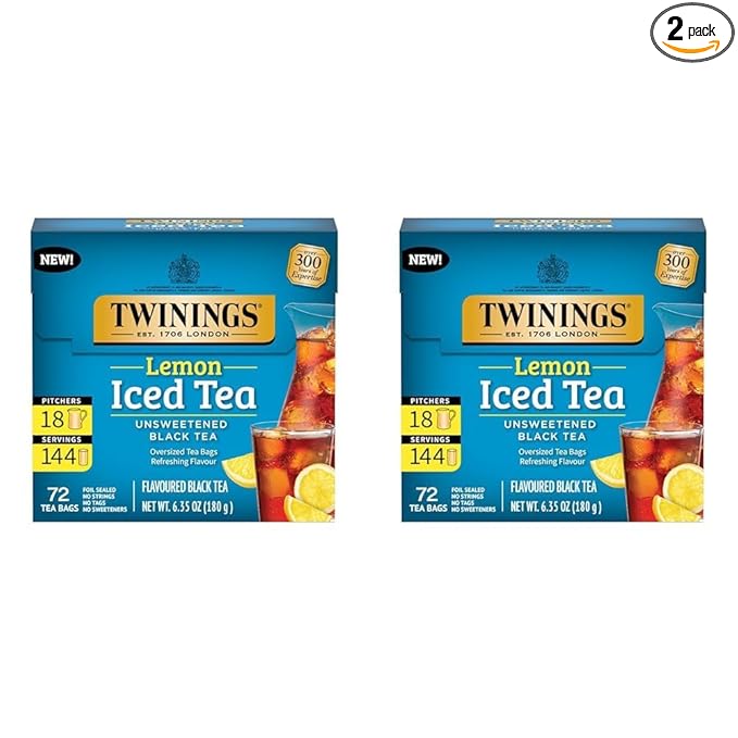 Twinings NEW Lemon Black Iced Tea, 72 Deliciously Unsweetened Tea Bags, Makes 18 Pitchers or 144 Servings, Caffeinated, 72 Count (Pack of 2) - Bloomnest