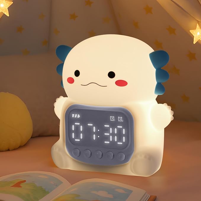 Axolotl Alarm Clock with Night Light for Kids, Rechargeable Silicone Lamp Time to Wake Clock Cute Animal Tabletop Lamp, Perfect Sleep Companion for Boys Girls, White - Bloomnest