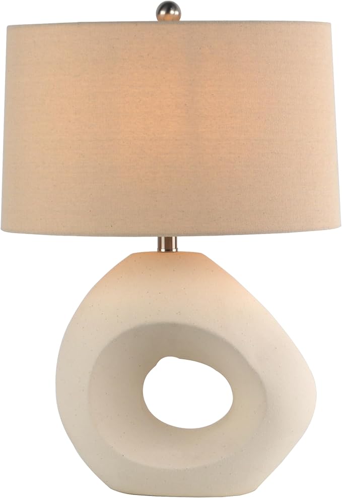 Abani Table Lamp Iris Sculptural 23” – Modern Organic Cream Ceramic Open-Circle Base with Grey Linen Shade – E26 Bulb Included – Stylish Desk Lamp for Bedroom, Living Room Lamp, Dorm or Nightstand - Bloomnest