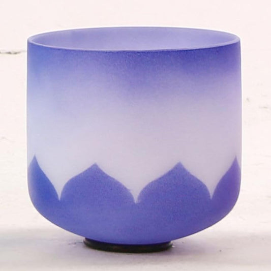 Leize Crystal Singing Bowl Lotus Design Colored Rim Chakra Tuned Quartz 7 inch Indigo 432hz A Note with Suede Striker