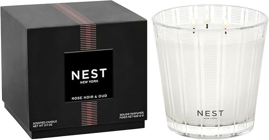 NEST New York Scented 3-Wick Candle, Rose Noir & Oud - 21.2 oz - Up to 100-Hour Burn Time - Reusable Glass Vessel - Bloomnest