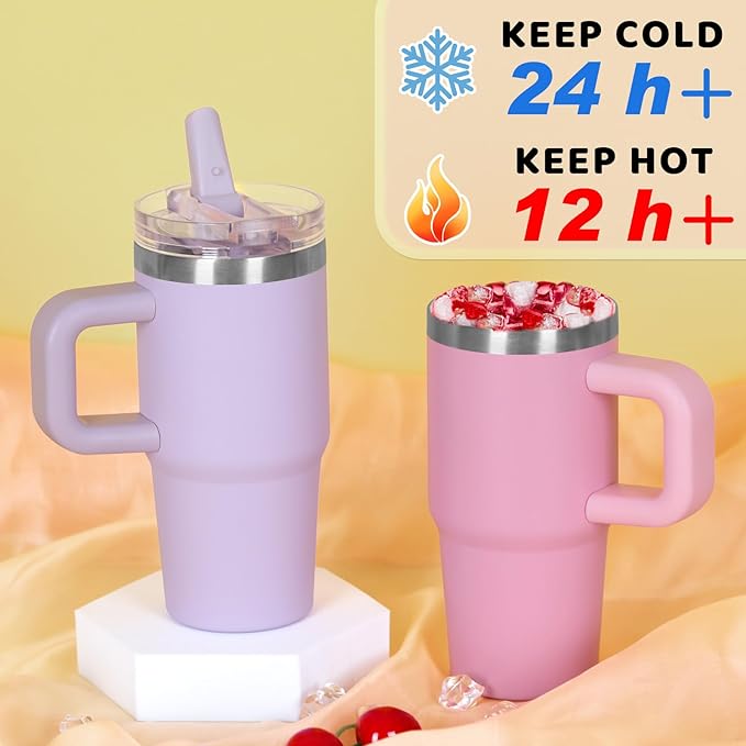 14 oz Tumbler for kids with Detachable Flip Straw Lid and handle, 100% Leak Proof 14 oz mini cup, Stainless Steel Vacuum Insulated Tumbler, Wide Mouth Easy to Clean, Keep Cold or Hot (Pink) - Bloomnest