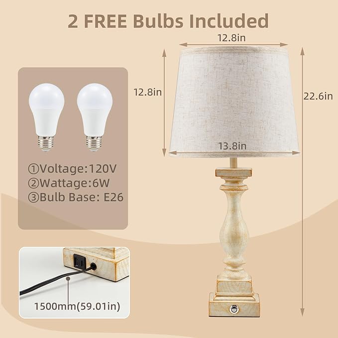 Touch Lamps for Bedroom Set of 2,Bed-Side Table Lamps with 2 USB Ports, Bedroom Lamps with 3-Way Dimmable,23" Tall Table Lamps for Living Room/Night-Stand, Bonus 2 Bulbs - Bloomnest