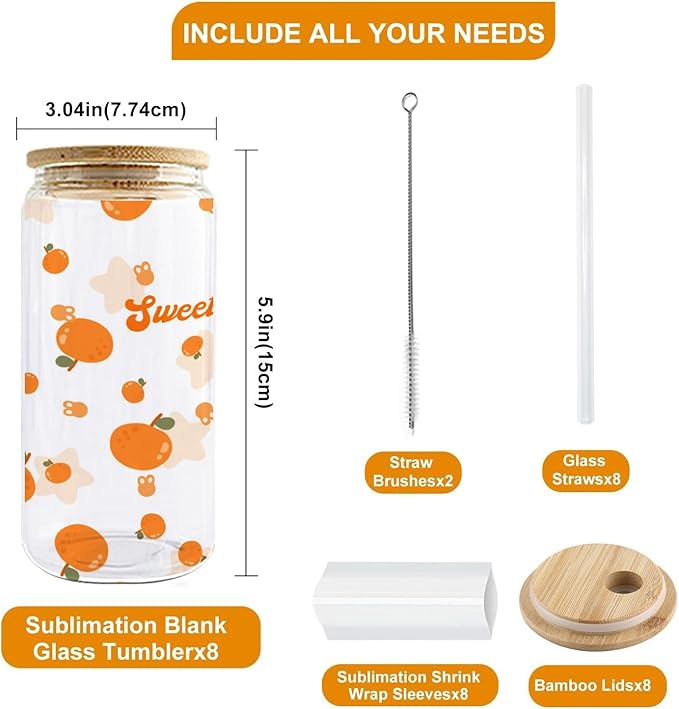 Sublimation Glass Cups Blanks with Bamboo Lids and Straws 8 Set 16 oz Reusable Iced Coffee Cup Beer Can Drinking Glasses, Cute Tumbler Cup for Smoothie Whiskey Boba Soda Tea Water… - Bloomnest