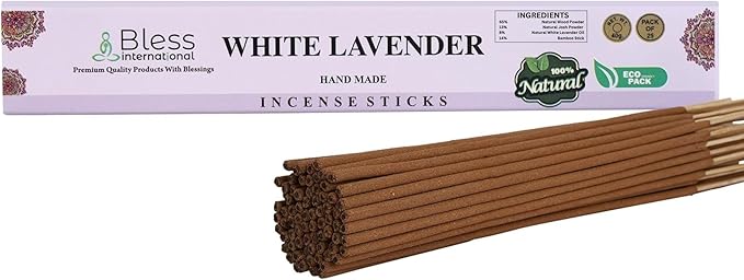 Bless-White-Lavender 100%-Natural-Handmade-Hand-Dipped-Incense Organic-Chemicals-Charcoal-Free Purification-Relaxation-Positivity-Yoga-Meditation Best-Woods-Scent (25 Sticks (1.4 OZ)) BlessInternational