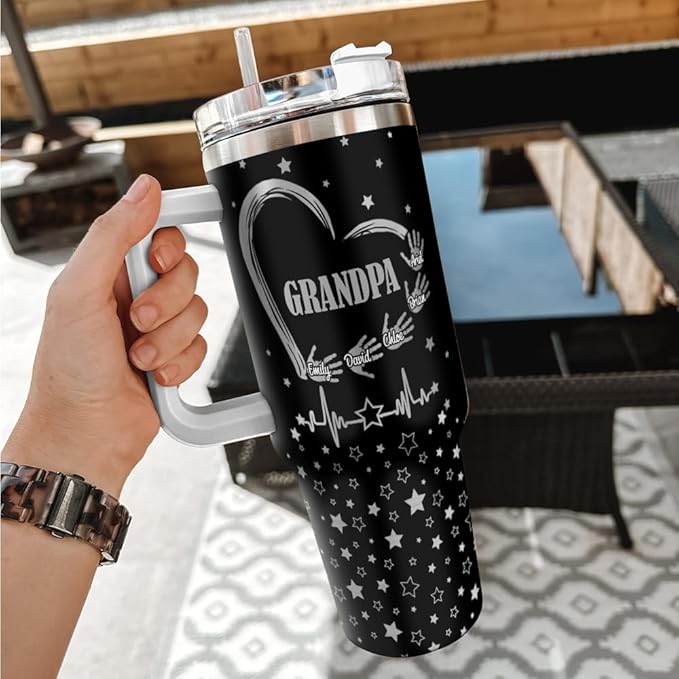 Personalized Grandpa Tumbler – Custom Name Gift With Heart, Stars & Handprints – Grandkids Signature Design – Father’s Day, Birthday, or Christmas - Bloomnest