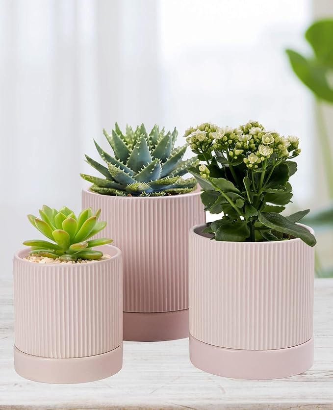LaDoVita 3 Pack Ceramic Plant Pots 6/5/4 inch, Flowerpot for Indoor Plants with Drainage Holes and Tray, Outdoor Garden Planters, Modern Decorative for Home, Pink Vertical Stripes - Bloomnest