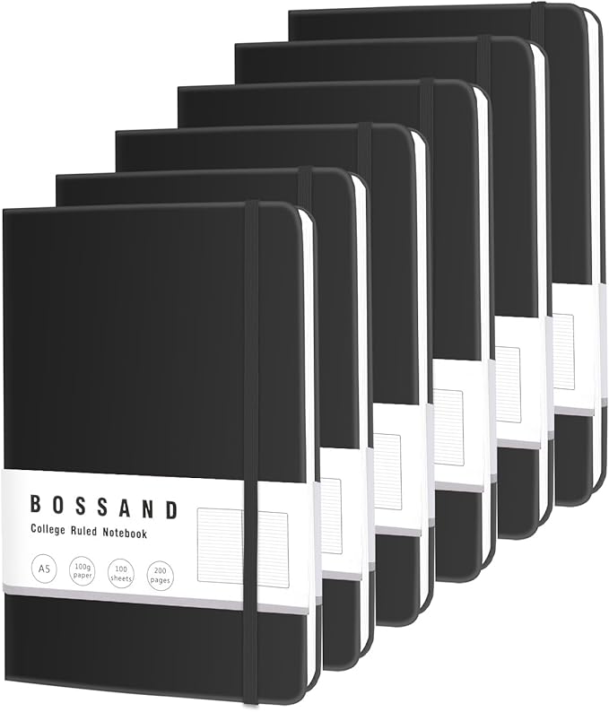 BOSSAND Lined Journal Notebooks, 6 Pack A5 Journals for Writing, 200 Pages 100 GSM Thick College Ruled Paper, Hardcover, 8.25 inches x 5.75 inches, Black - Bloomnest