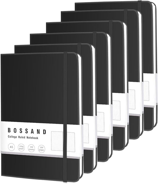 BOSSAND Lined Journal Notebooks, 6 Pack A5 Journals for Writing, 200 Pages 100 GSM Thick College Ruled Paper, Hardcover, 8.25 inches x 5.75 inches, Black - Bloomnest