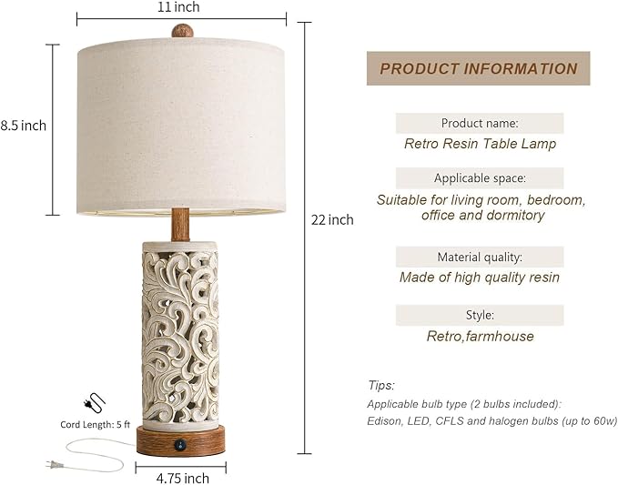 OYEARS 22'' Table Lamp Set of 2 for Living Room,Farmhouse Lamp for for Bedroom,Vintage Retro Bedside Lamps with USB Ports Linen Shade for Home Office (Brown, Bulb Included) - Bloomnest