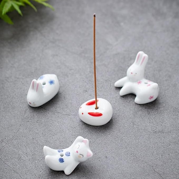 4Pcs Rabbit Cat Ceramic Incense Holder Cute White Animals Incense Sticker Holder Fun Home Decorative Ornaments for Home Room Decoration Yoga Spa Meditation Incense Holders - Bloomnest