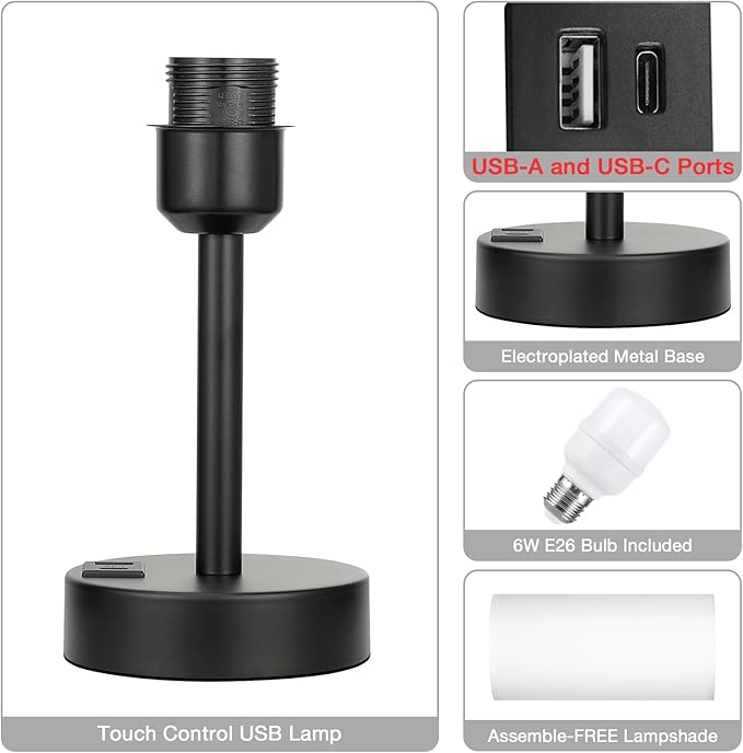 Bedside Touch Table Lamps for Bedroom Nightstand with USB-C USB-A Charging Ports White, 3 Way Dimmable Small Lamp Fabric Shade Black Base for Office, Living Room, Dorm Room Reading - Bloomnest