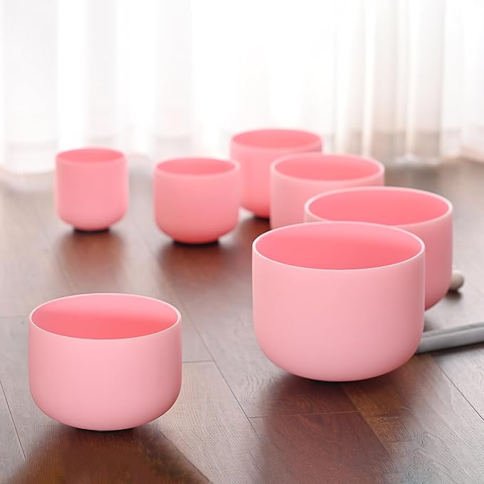 CVNC 432HZ 6-12 Inch Pink Color Frosted Quartz Crystal Singing Bowls Chakra Set of 7 with Carry Case Bags for Sound Healing and Meditation - Bloomnest