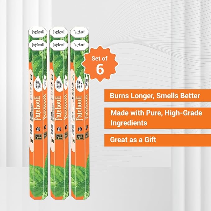 ZED BLACK Patchouli Natural Incense Sticks, 20 Sticks per Box, 6 Boxes (Total 120 Sticks), for Home and Workplace Use.