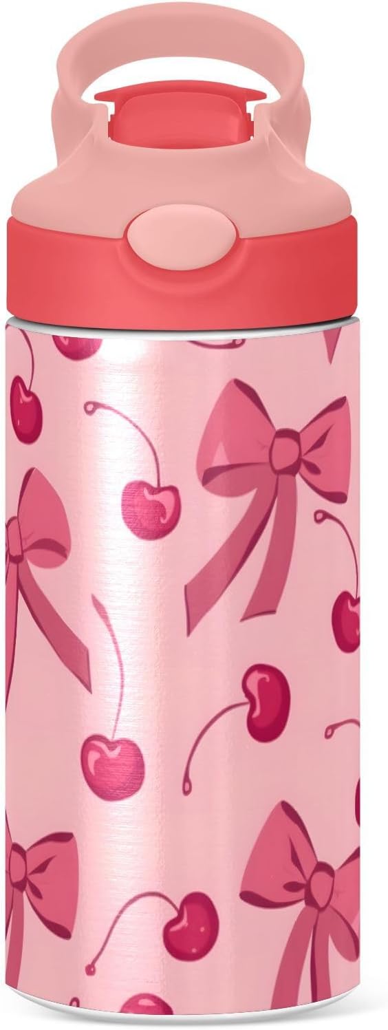 Bow Cherry Pink Kids Insulated Water Bottle, Toddlers Tumbler Travel Cup with Straw & Handle Stainless Steel Cup for Travel School Girls 12 oz - Bloomnest
