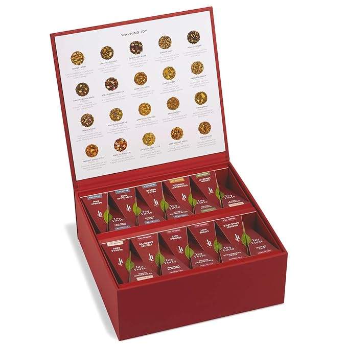 Tea Forte Warming Joy Holiday Assorted Premium Tea Chest Gift Sampler, 40 Count, 2 of each Variety Blend Individually Wrapped Handcrafted Pyramid Infuser Bags - Bloomnest