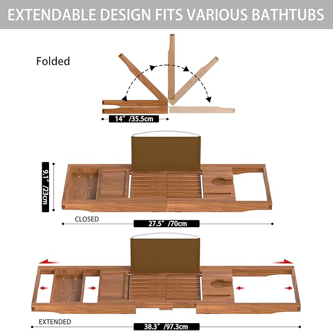 Premium Teak Bathtub Tray Caddy, Expandable Wooden Bath Tray for Tub,Luxury Bathroom Accessories,Great House Warming, Anniversary & Wedding and Birthday Gifts - Bloomnest