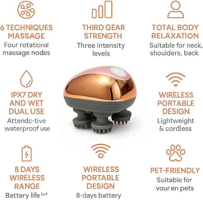 Electric Scalp Massager for Hair Growth & Stress Relief – Gift for Women, Men, Parents & Pets – Cordless Waterproof Head Massager with 96 Kneading Nodes (Gold) Bloomnest