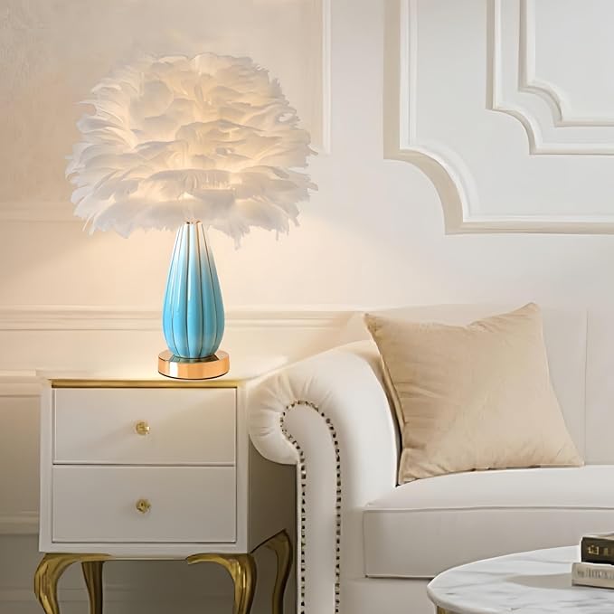 Chic White Feather Lamp Creative Feather Bedside Lamp Princess Nightstand Table Lamp Deco Romantic Atmosphere Desk Light for Cute Girl Bedroom Wedding Gift Living Room Hotel Ceramic Body - Bloomnest